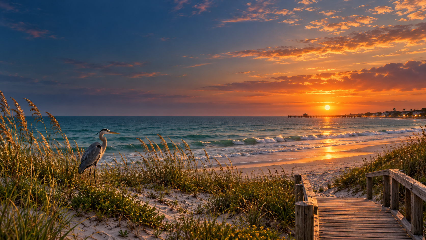 Gulf light, sea grass, a path to the water, and a distant pier
